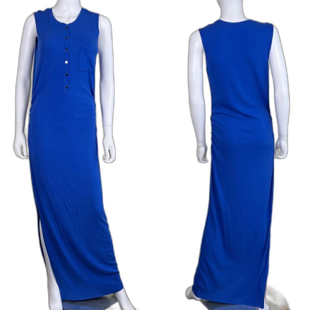 Athleta Women Size M Blue Rib Henley Maxi Dress Ruched Jersey Knit Tank Pullover